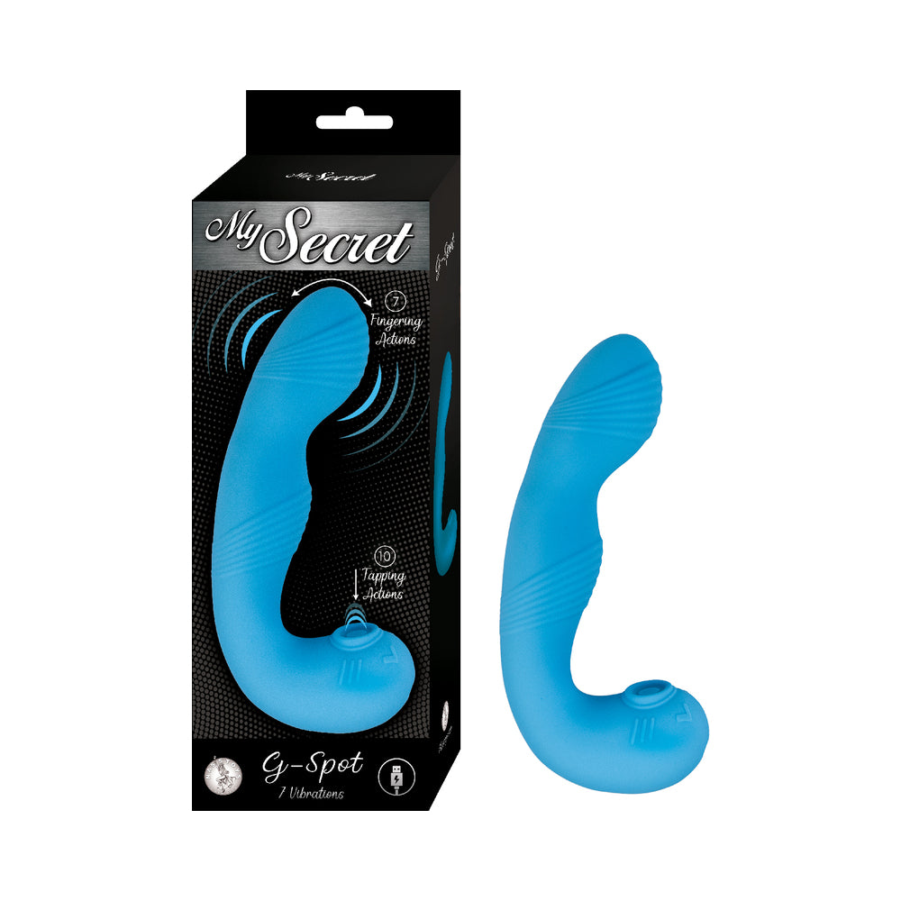 My Secret G-Spot Blue Blue My Secret curved vibrator displayed beside black retail box