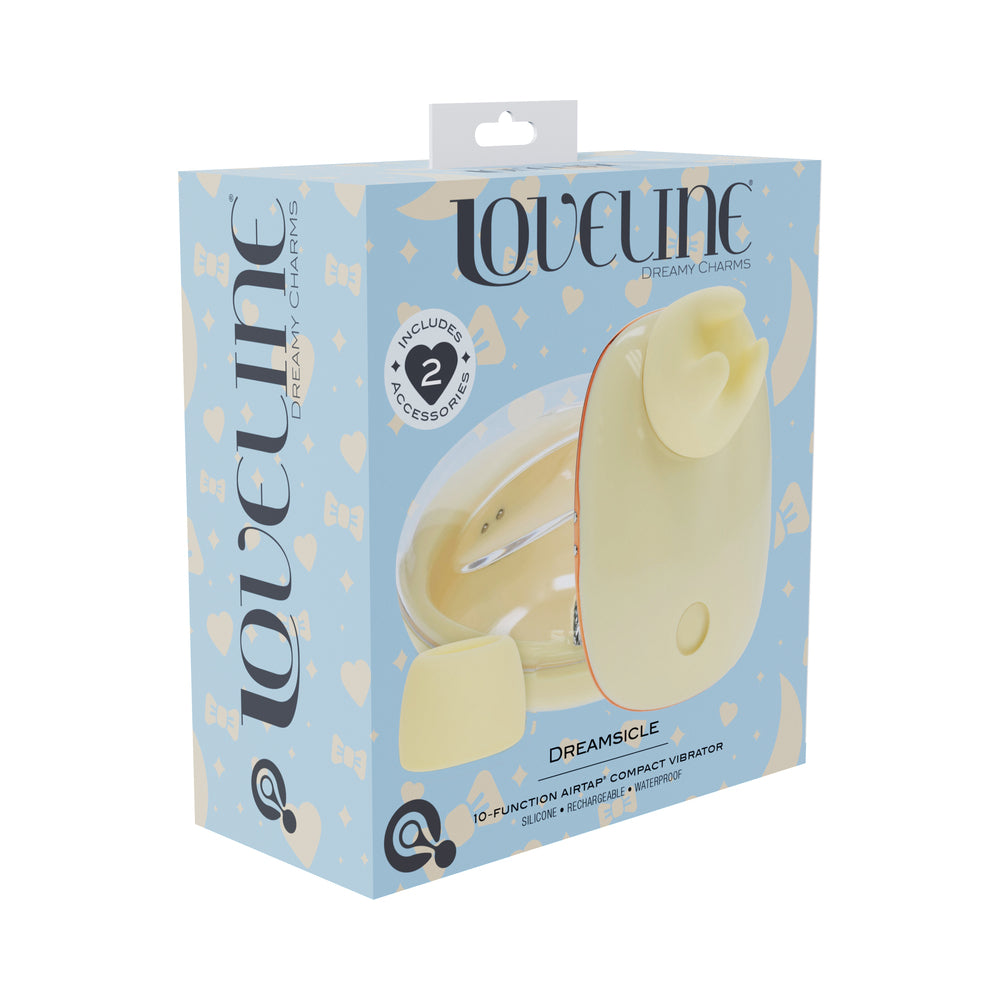LoveLine Dreamsicle AirTapTech Rechargeable Vibrator Yellow Shots LoveLine Dreamsicle yellow vibrator with two heads and case
