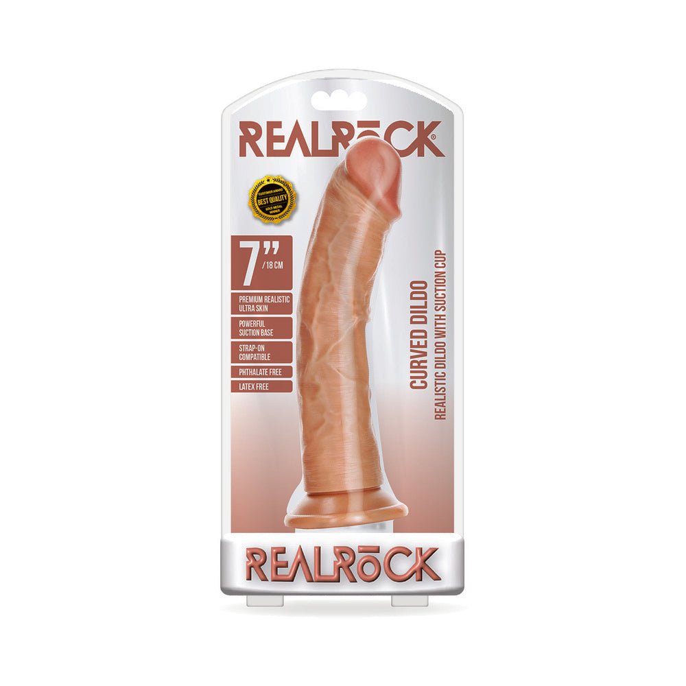 RealRock Realistic 7 in. Curved Dildo With Suction Cup Tan Tan Shots RealRock 7-inch Curved Dildo retail package