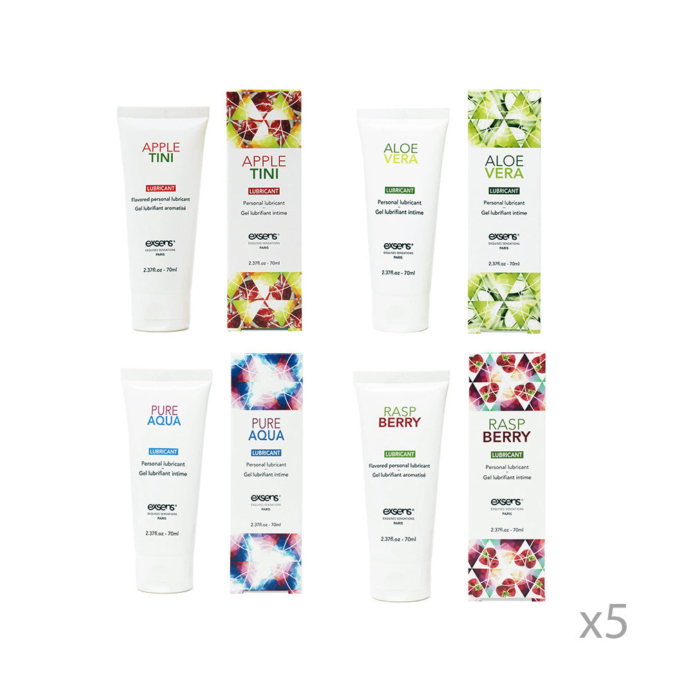 Exsens Lubricant Starter Kit Four Exsens lubricant tube and box designs labeled Apple Tini Aloe Melo Blue Hawaii and Rasp Berry