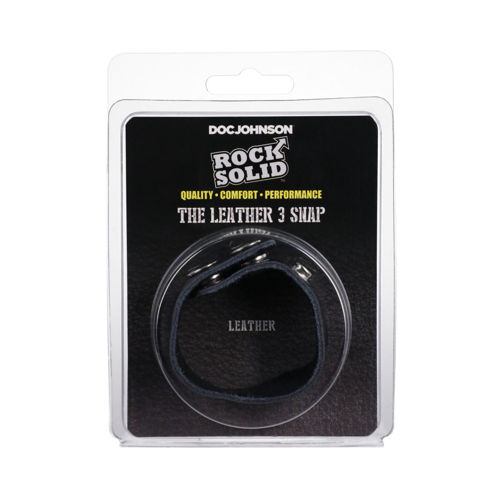 Rock Solid Adjustable Leather 3 Snap Cock Ring (Black) Rock Solid Black Leather Three-Snap Ring clear clamshell package front