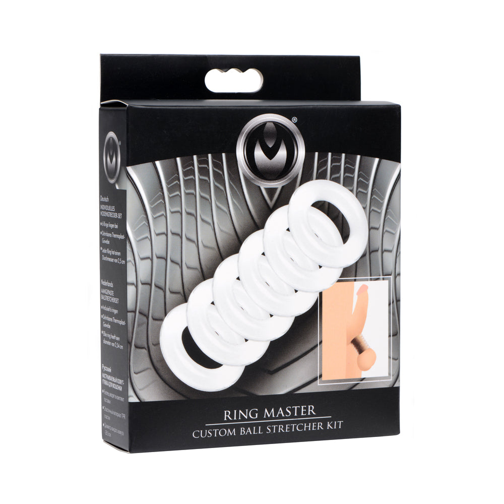 Master Series Ring Master Custom Ball Stretcher Kit six clear Master Series Ring Master TPR stretcher rings displayed on box