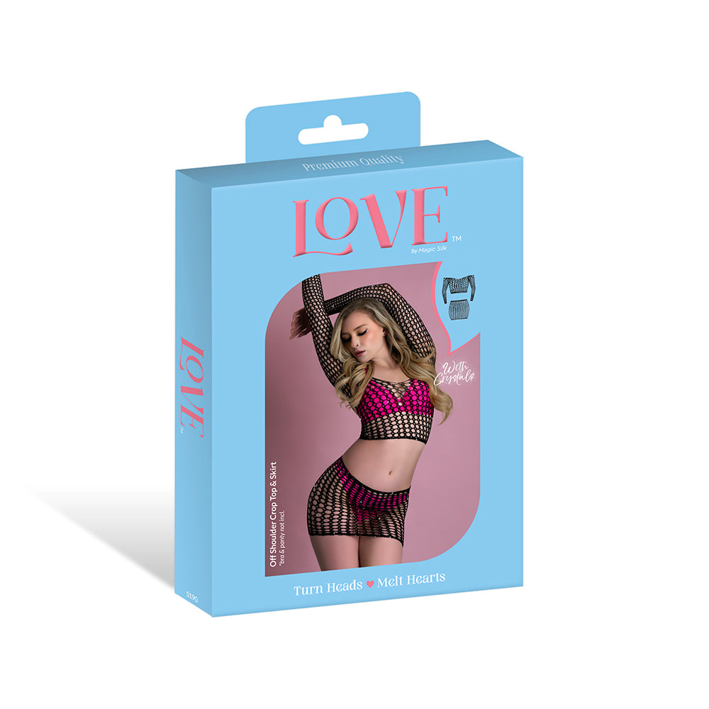 Magic Silk Seamless Off Shoulder Crop Top & Skirt Black O/S Magic Silk seamless black crop top and skirt set displayed in blue retail packaging