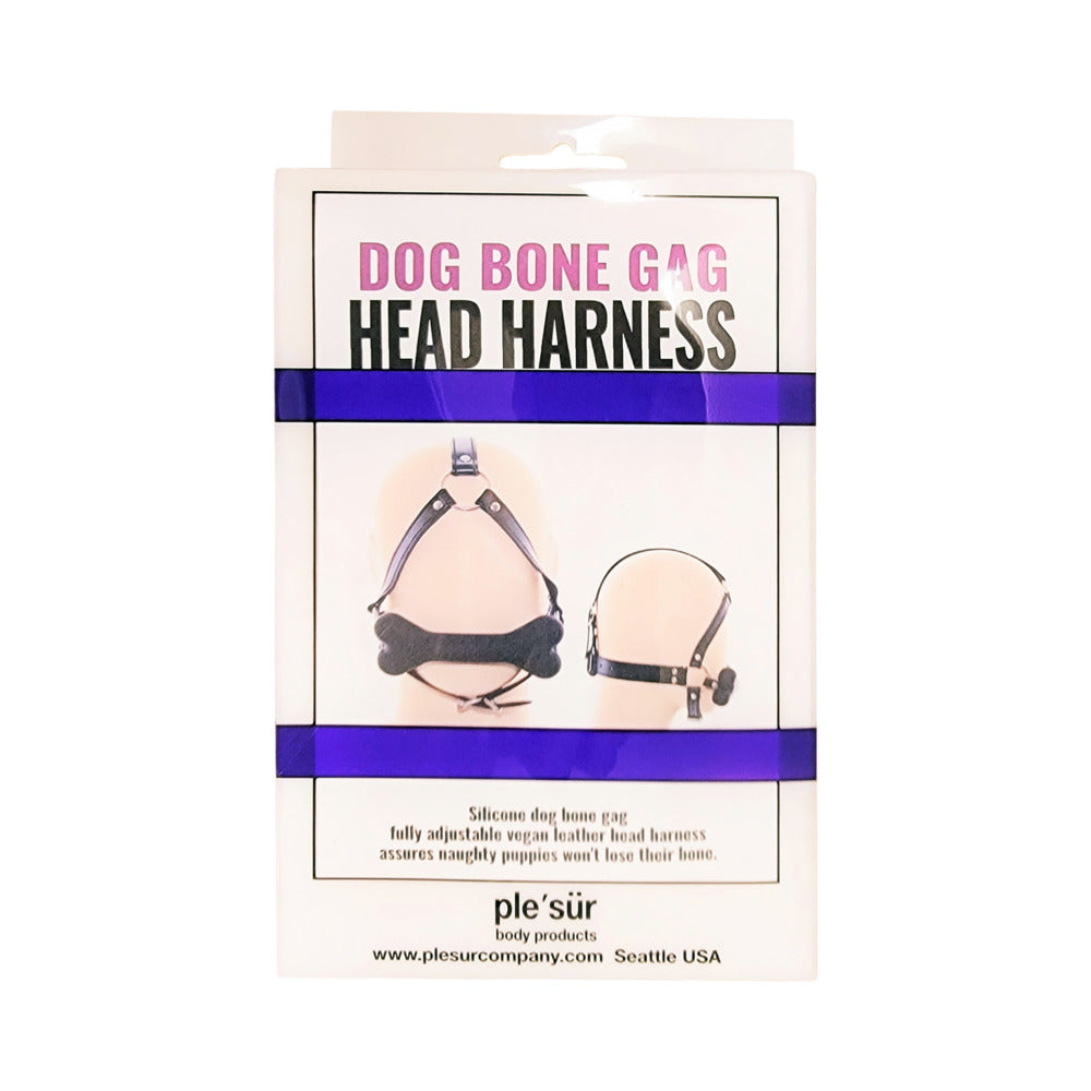 Ple''sur Face Harness Dog Bone Gag Ple'sur black dog bone gag face harness retail package with front and rear harness diagrams