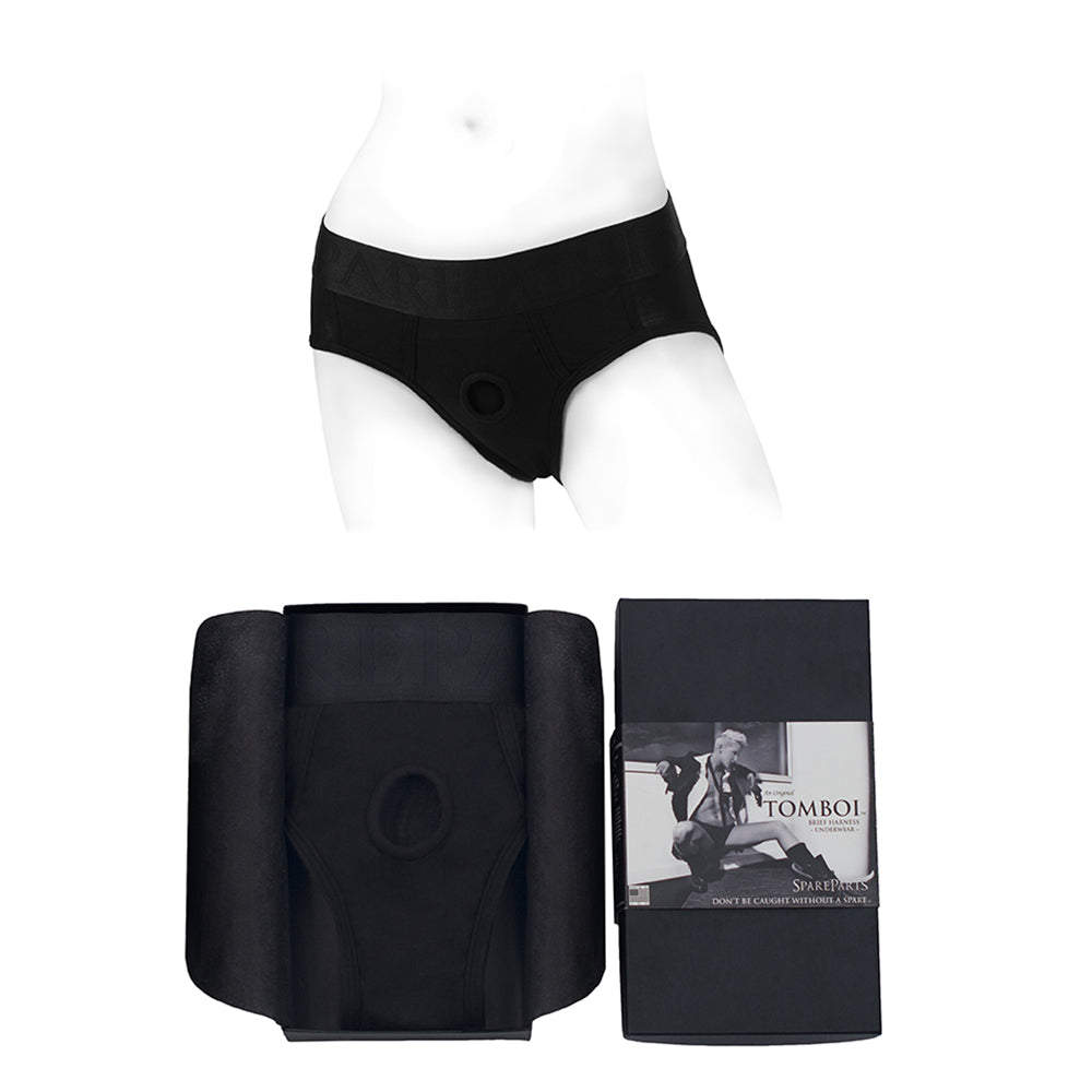 SpareParts Tomboi Rayon Briefs Harness Black Size 2XL SpareParts Tomboi black size 2XL brief harness with folded garment and retail package
