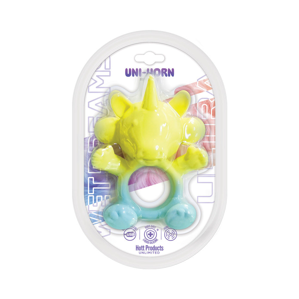 Wet Dreams Ultra Uni-Horn Liquid Silicone Ring Vibe Wet Dreams Uni-Horn yellow creature ring vibrator in oval case