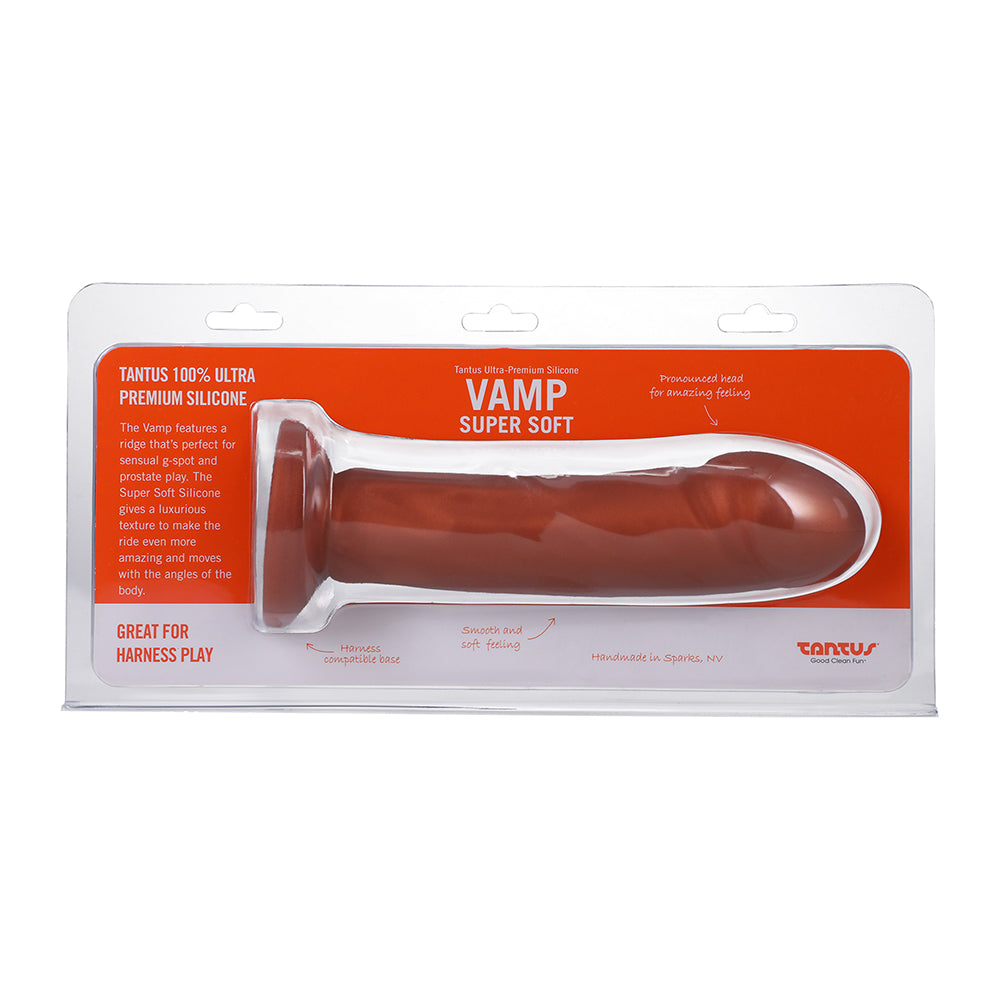 Tantus Vamp Super Soft Dildo Copper Front package of Tantus Vamp Super Soft Copper dildo