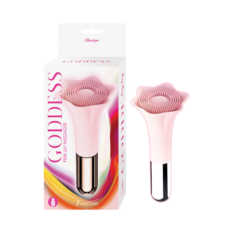 Goddess Pink Lily Massager Pink light pink Goddess Pink Lily massager with textured flower head beside retail box