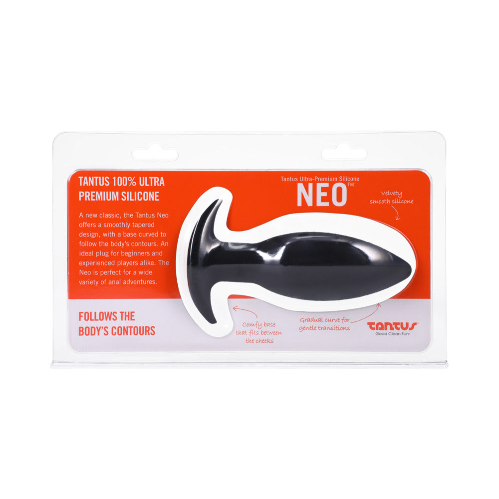 Tantus Neo Anal Plug Onyx (Clamshell) Tantus Neo Onyx plug displayed in clear and orange retail pack