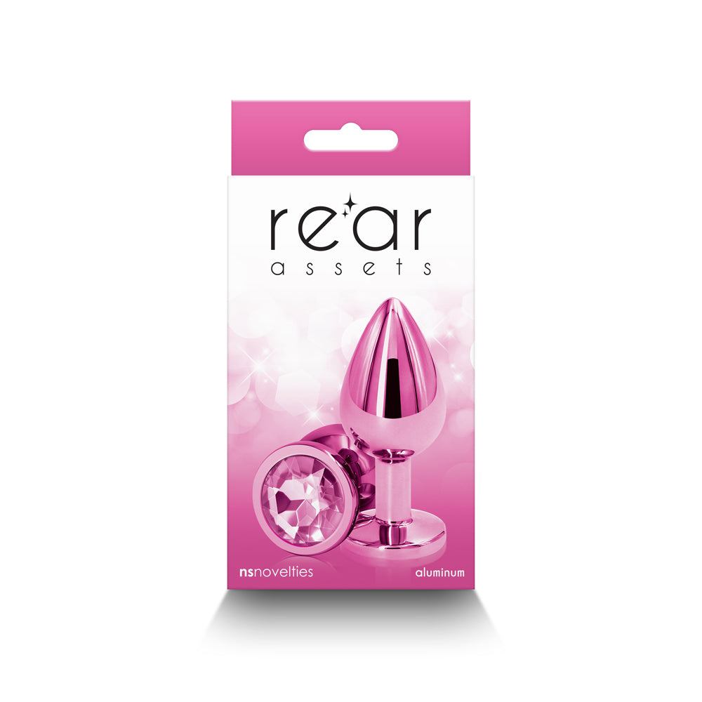 Rear Assets Metal Anal Plug Medium Pink NS Novelties Rear Assets medium pink aluminum anal plug front retail package