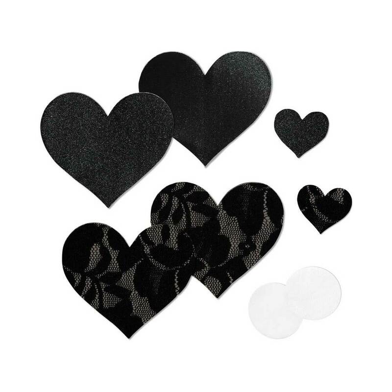 Nippies Basic Black Hearts Pasties Size C black Nippies heart pasties in satin and lace with round pads and small patch-test hearts