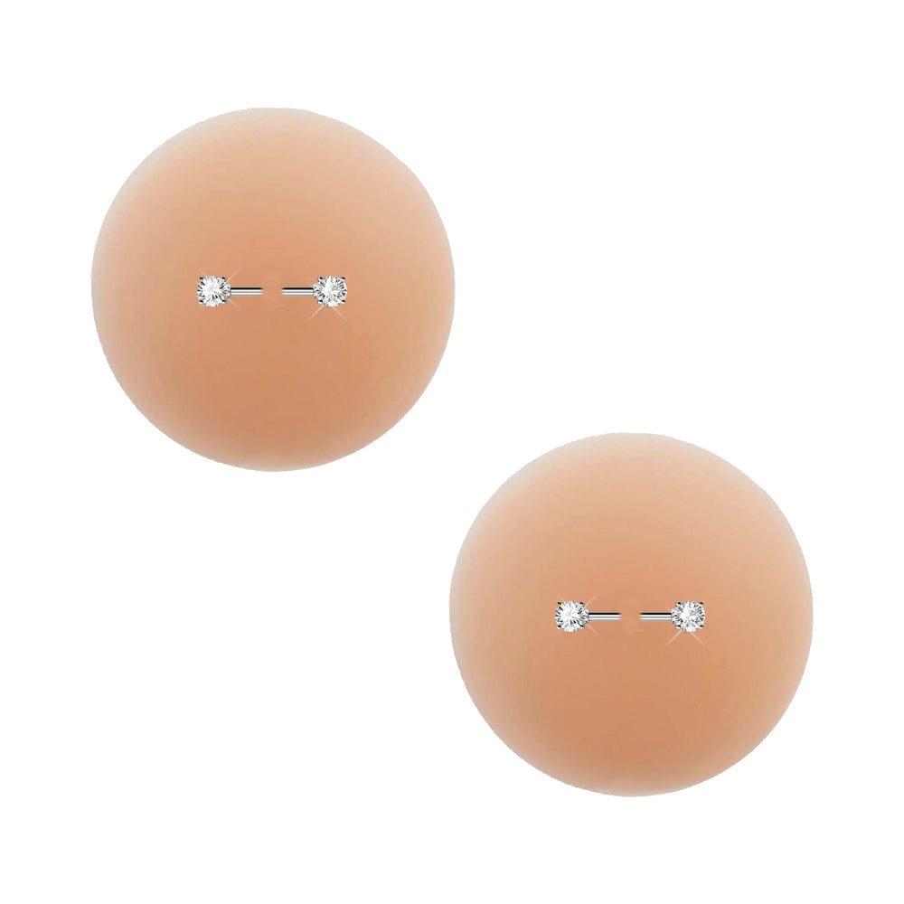 Neva Nude Peek-A-Boo Piercing Bling Reusable Silicone Nipple Pasties pair of tan round silicone nipple covers with crystal-tipped barbell details