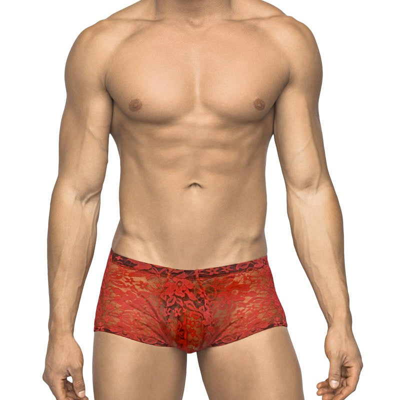 Male Power Stretch Lace Mini Short Red Medium Male Power Red Stretch-Lace Mini Shorts worn by model
