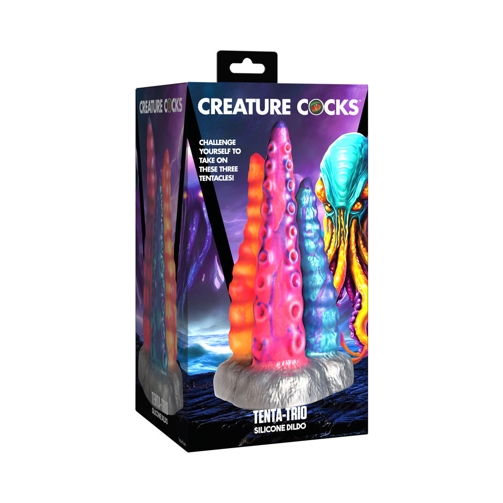 Creature Cocks Tentacle Trio Silicone Dildo Creature Cocks Tentacle Trio orange pink and blue sucker-textured tentacles in ocean creature retail box