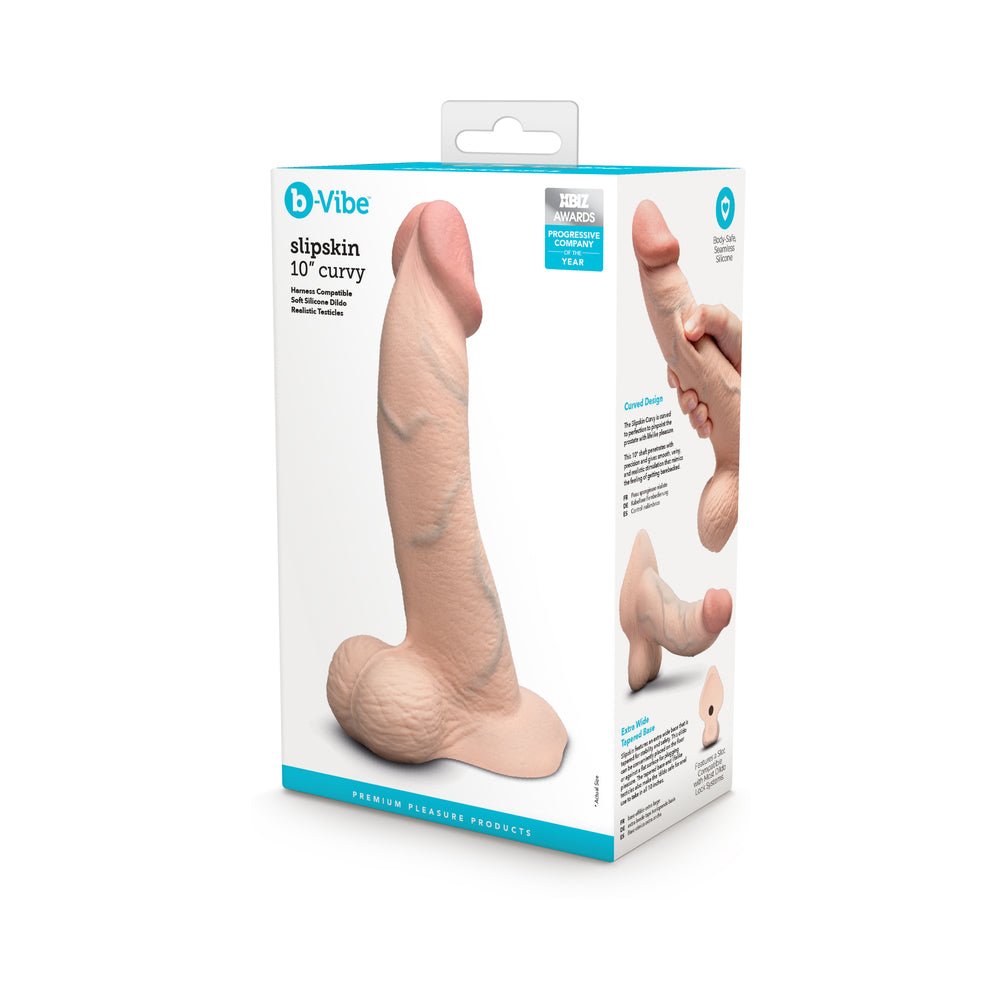 b-Vibe Slipskin Realistic Silicone Dildo 10 in. Curved Cream Cream 10-inch Slipskin Curvy dildo beside retail box