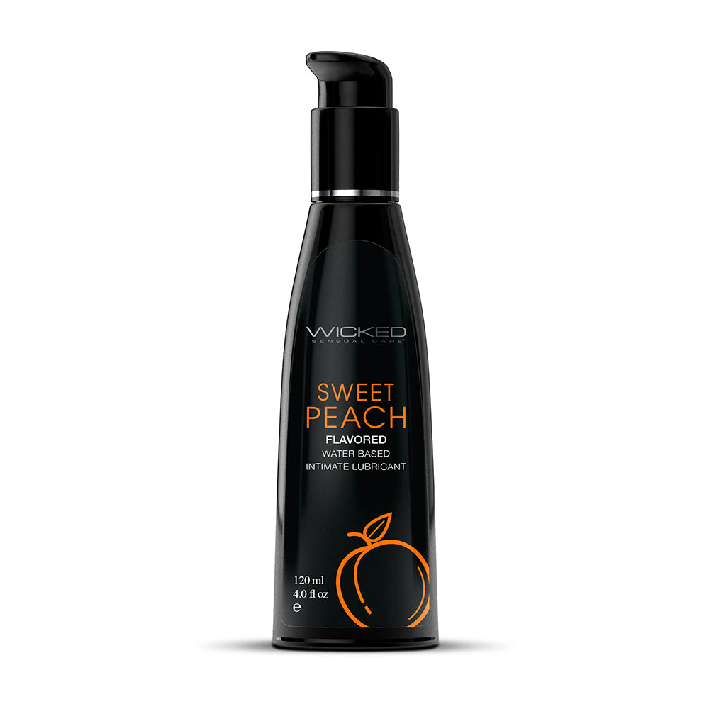Wicked Aqua Sweet Peach Water-Based Lubricant 4 oz. Wicked Aqua Sweet Peach Lubricant 4 oz tall matte black pump bottle front