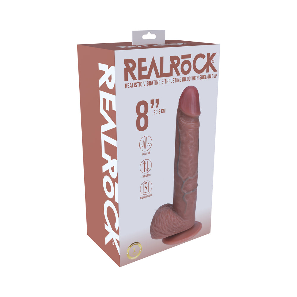 RealRock 8 in. Vibrating and Thrusting Cock with Balls Regular Straight Tan Tan Shots RealRock 8-inch thrusting vibrating dildo shown on retail box