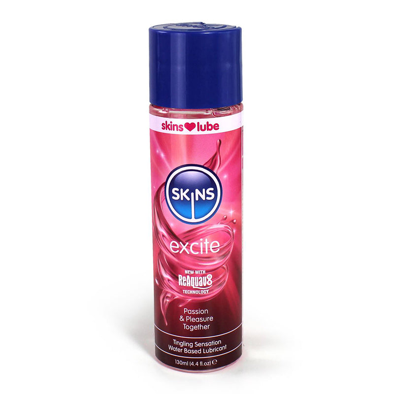 Skins Excite Tingling Water-Based Lubricant 4 oz. Skins Excite 4 oz lubricant bottle with pink label and blue cap