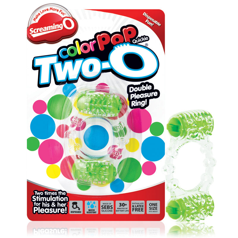 Screaming O Two-O Color Pop Green Screaming O Color Pop Two-O clear ring with two green vibrators