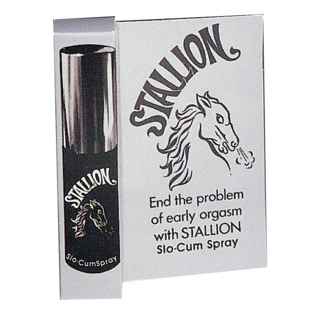 Stallion Spray Delay Stallion Spray Delay black bottle beside silver horse-logo carton