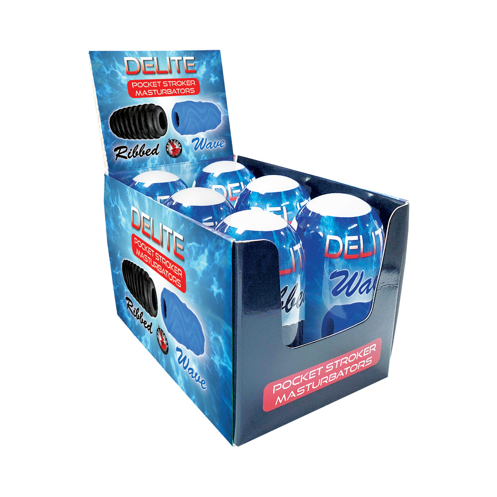 Delite Pocket Stroker Masturbators Display Front-left view of blue Delite display holding Ribbed and Wave stroker cans