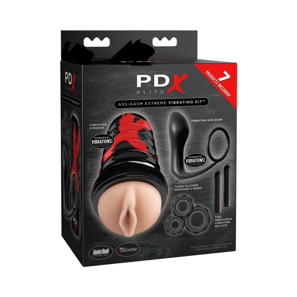 PDX Elite Ass-Gasm Extreme Vibrating 7-Piece Kit PDX Elite Ass-Gasm Extreme 7 Piece Kit in black red retail carton
