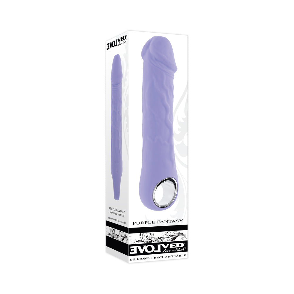 Evolved Purple Fantasy Rechargeable Vibrator Silicone Evolved Purple Fantasy vibrator displayed in tall white retail box