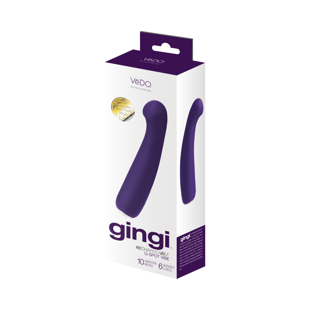 VeDO Gingi Rechargeable G-Spot Purple VeDO Gingi purple curved vibrator white retail box front