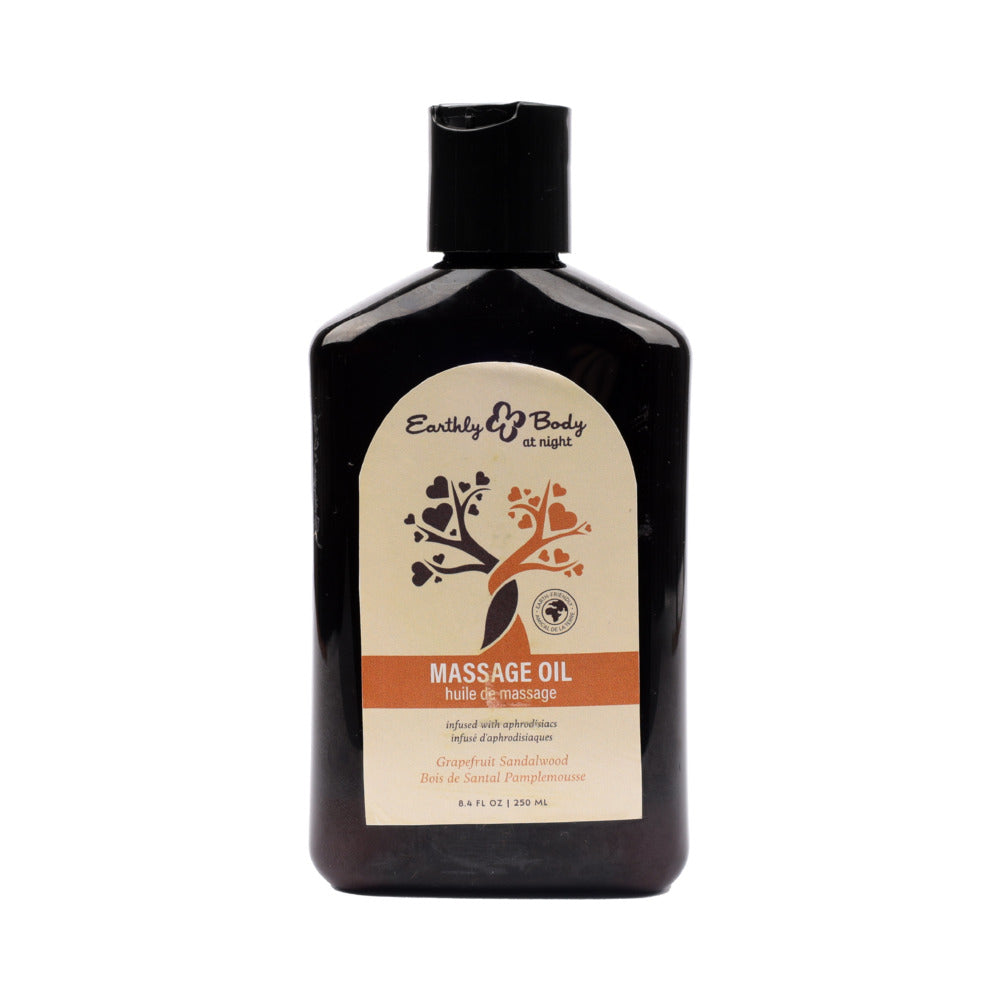Earthly Body At Night Aphrodisiac Massage Oil Grapefruit Sandalwood 8.4 oz. Front of Earthly Body grapefruit sandalwood massage oil 8.4 oz bottle