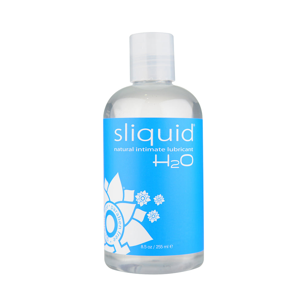 Sliquid Naturals H2O Intimate Lubricant 8.5 oz. Clear 8.5 oz Sliquid Naturals H2O bottle with white cap and blue geometric label