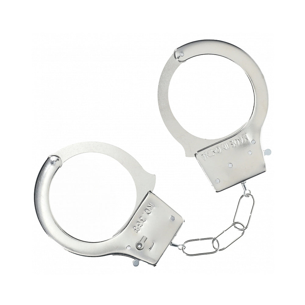 Ouch! Classic Metal Handcuffs Silver Ouch Classic silver iron handcuffs with round arms and three-link chain