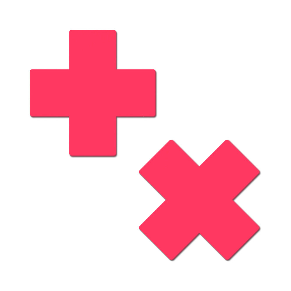 Pastease Plus X: Glow-in-the-Dark Neon Pink Cross Pasties Nipple Covers Pastease neon-pink plus and X glow-in-the-dark vinyl pasties