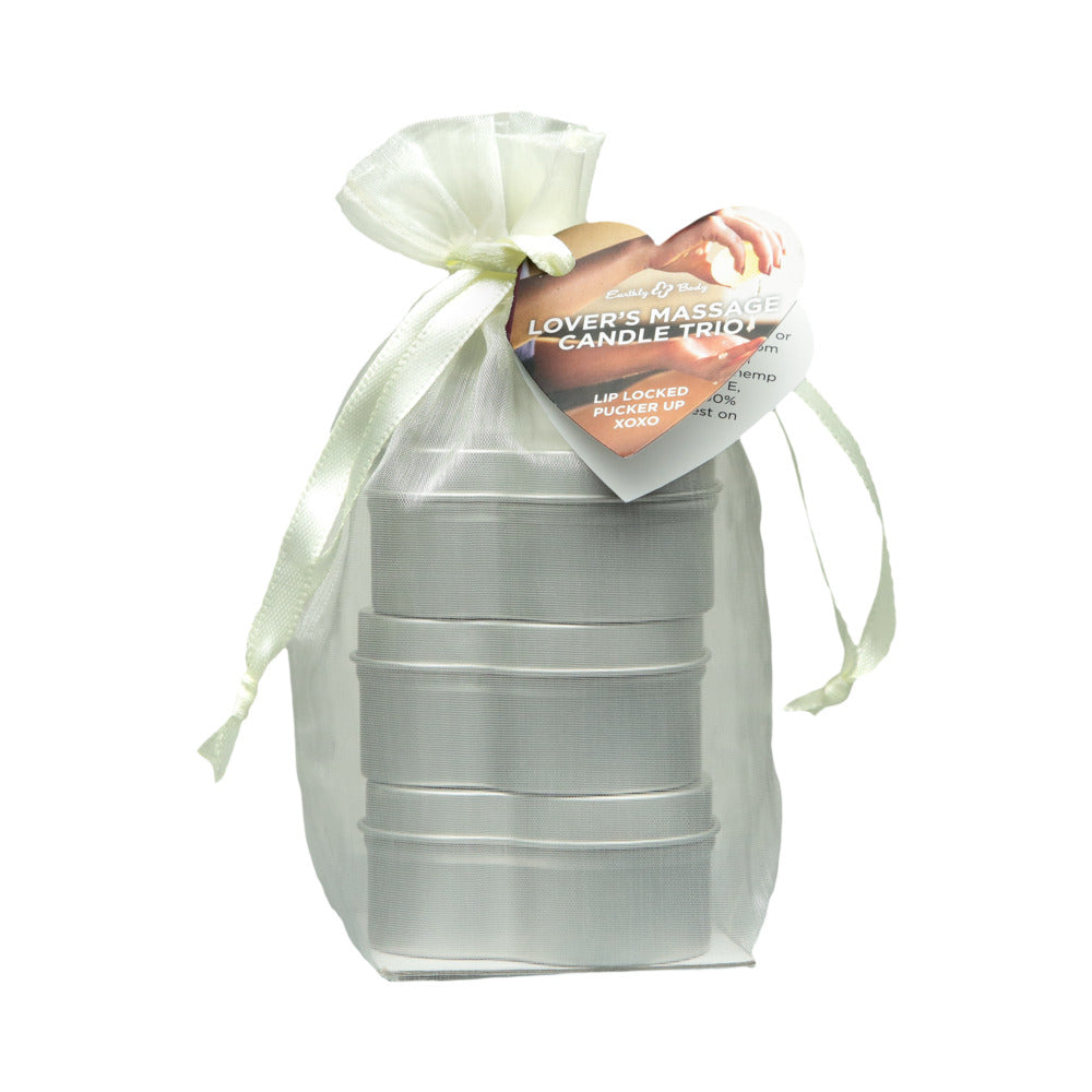 Earthly Body Hemp Seed Valentine Candle Trio: XOXO, Lip Locked, Pucker Up Earthly Body Valentine candle tins stacked in sheer gift bag