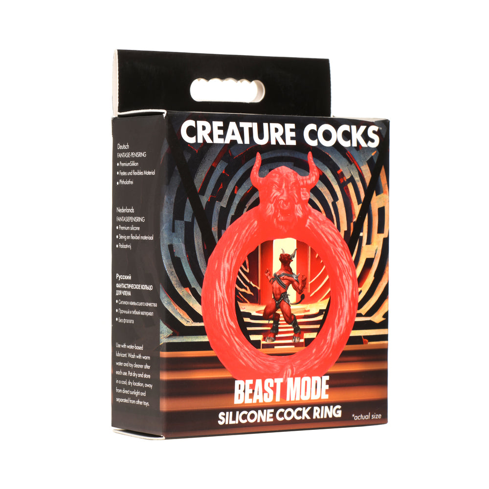 Creature Cocks Beast Mode Silicone Cock Ring red Beast Mode monster-mouth silicone cock ring displayed on black box