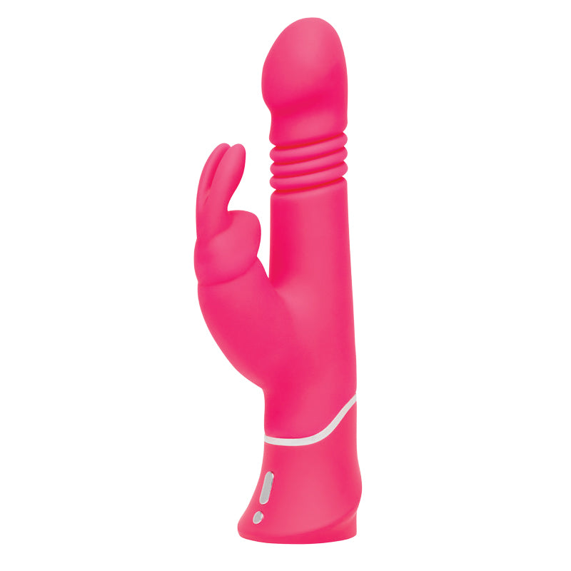 Happy Rabbit Thrusting Rechargeable Silicone Realistic Rabbit Vibrator Pink Happy Rabbit Thrusting hot-pink vibrator upright front angle showing rabbit arm and ribbed collar