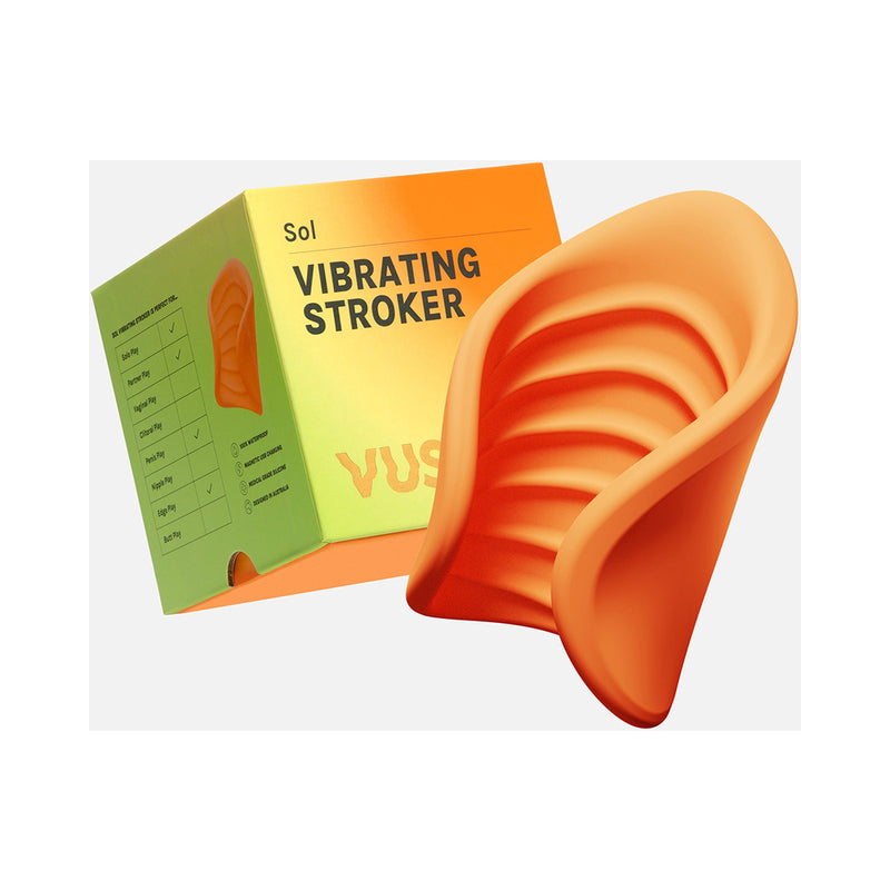 VUSH SOL Vibrating Stroker orange ribbed VUSH SOL vibrating stroker displayed beside green-orange box