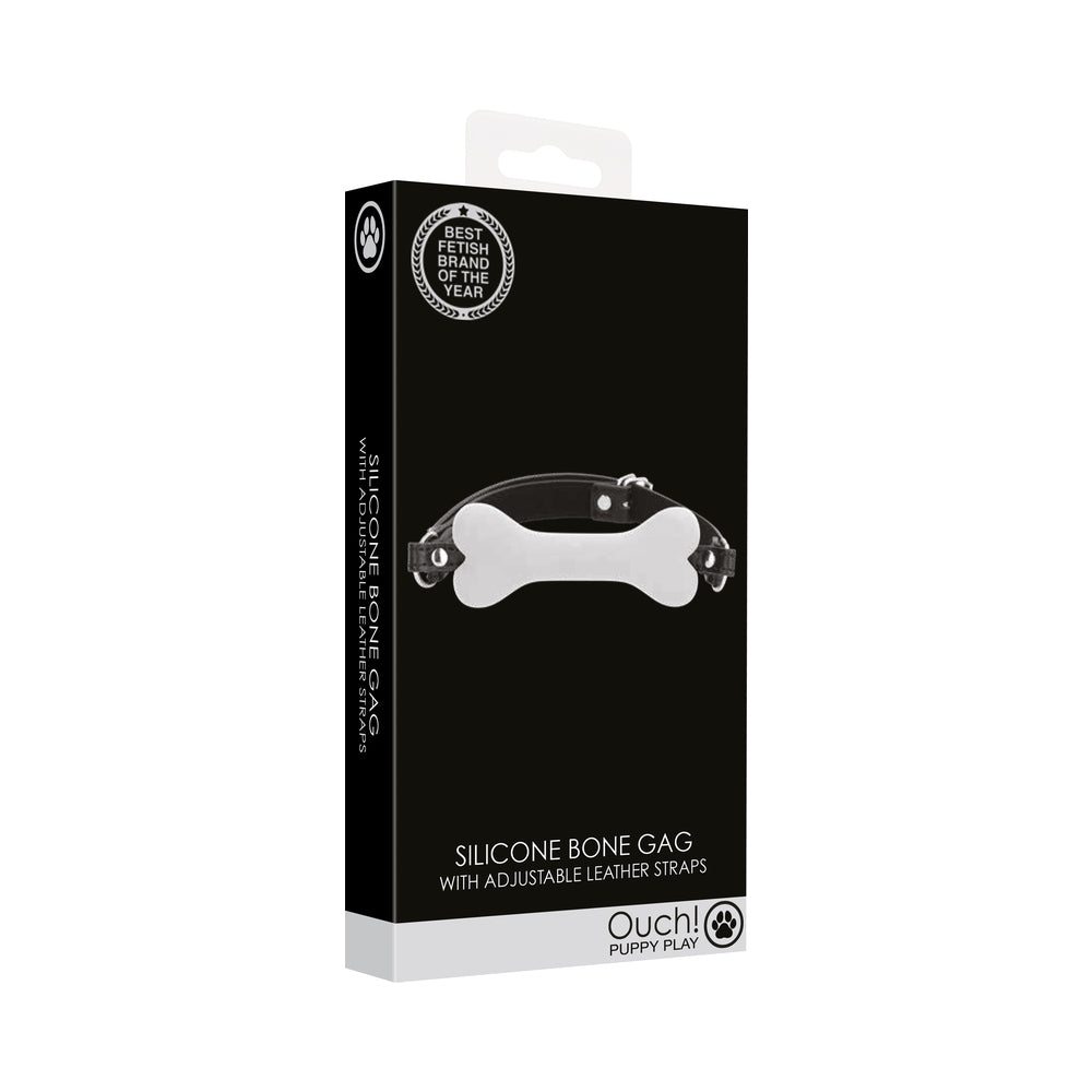 Ouch! Puppy Play Silicone Bone Gag White Shots Ouch white silicone bone gag retail box front