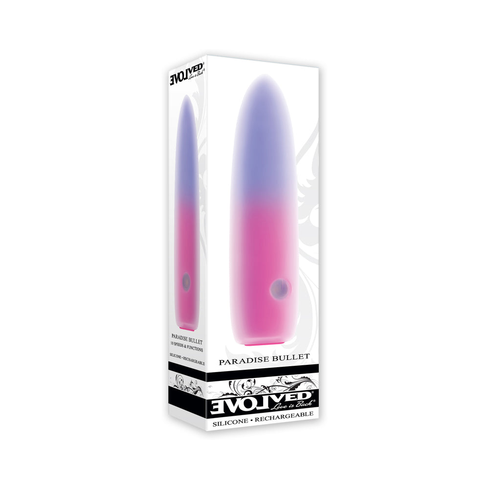 Evolved Paradise Bullet Rechargeable Dual Layer Silicone Bullet Vibrator Pink/Purple Evolved Paradise Bullet pink-and-purple vibrator in retail box