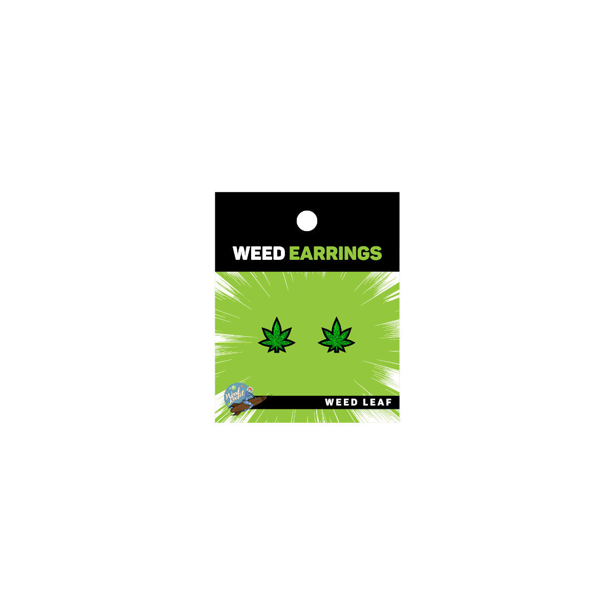 Weed Leaf Earrings pair of green glitter weed leaf earrings on Wood Rocket display card