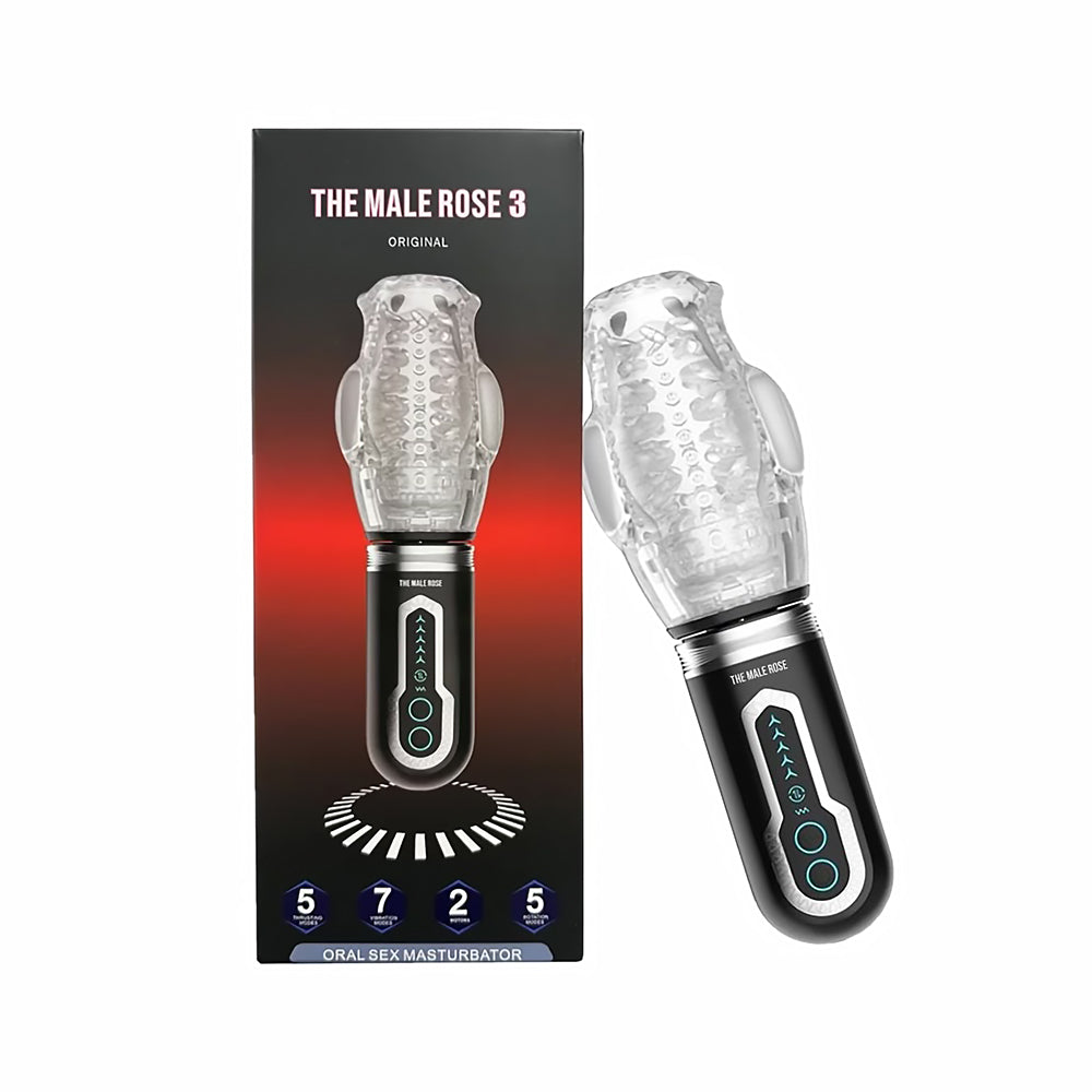 The Male Rose 3 The Male Rose 3 clear rechargeable stroker angled device beside black and red retail box