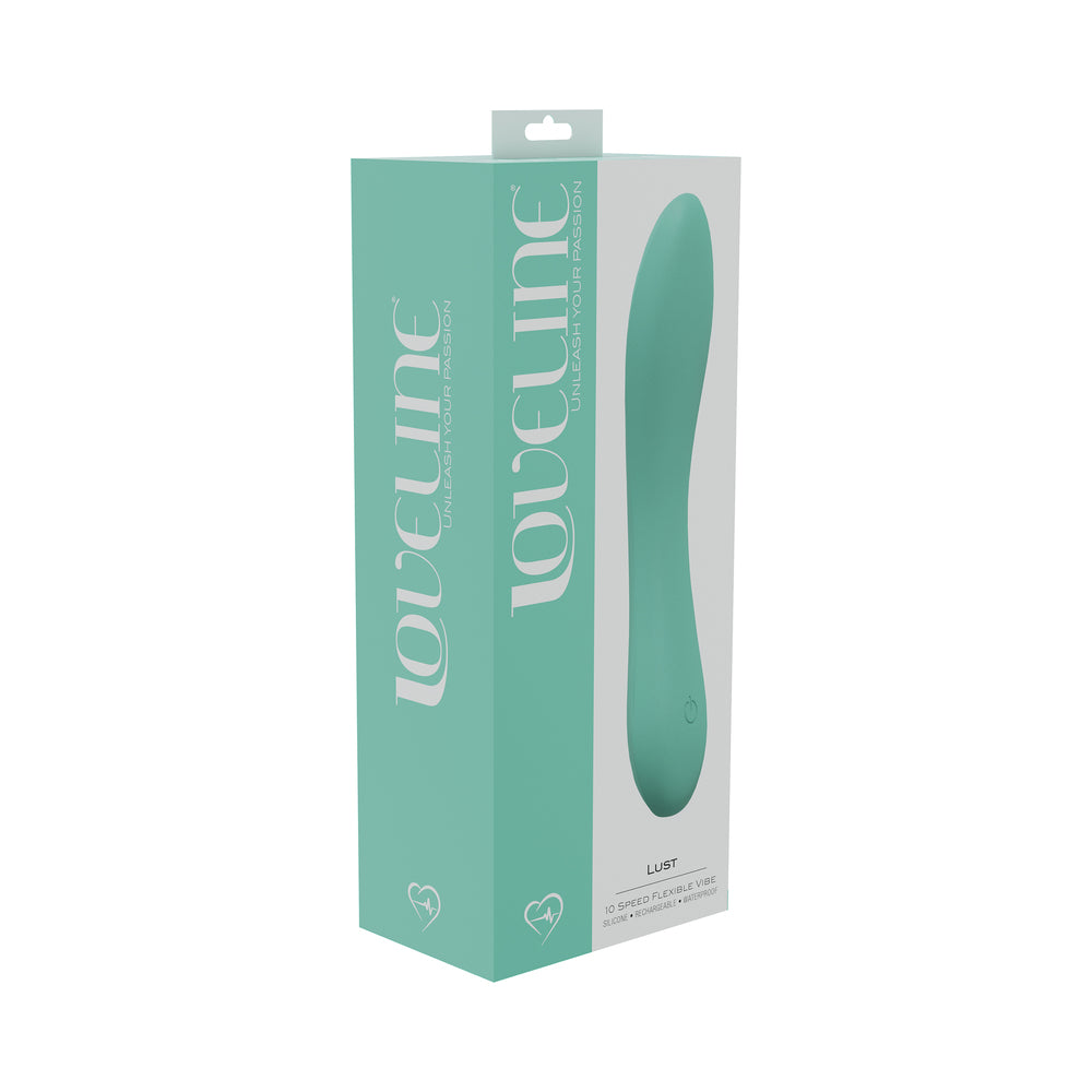 LoveLine Lust 10 Speed Flexible Vibe Sealed Silicone Rechargeable Submersible Green green LoveLine Lust flexible vibrator pictured on mint green retail box