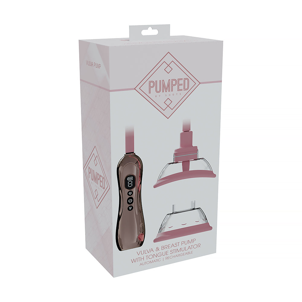 PUMPED Automatic Rechargeable Vulva & Breast Pump with Tongue Stimulator Rose Gold PUMPED rose-gold rechargeable pump with flanged attachment rose and white retail box front view
