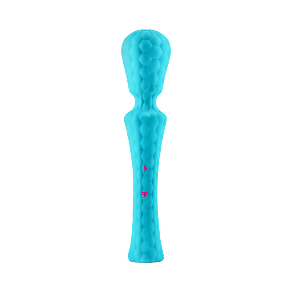 FemmeFunn Ultra Wand XL Rechargeable Flexible Textured Silicone Vibrator Turquoise Front view of turquoise FemmeFunn Ultra Wand XL