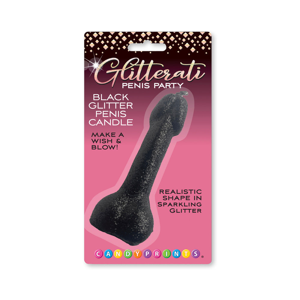 Black Glitter Penis Candle Black Glitterati penis-shaped candle on pink retail card