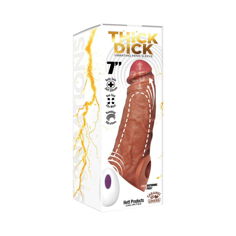 Skinsations Thick Dick 7 in. Vibrating Penis Sleeve with Remote Caramel Lovers Brown Skinsations Thick Dick sleeve with white remote in box