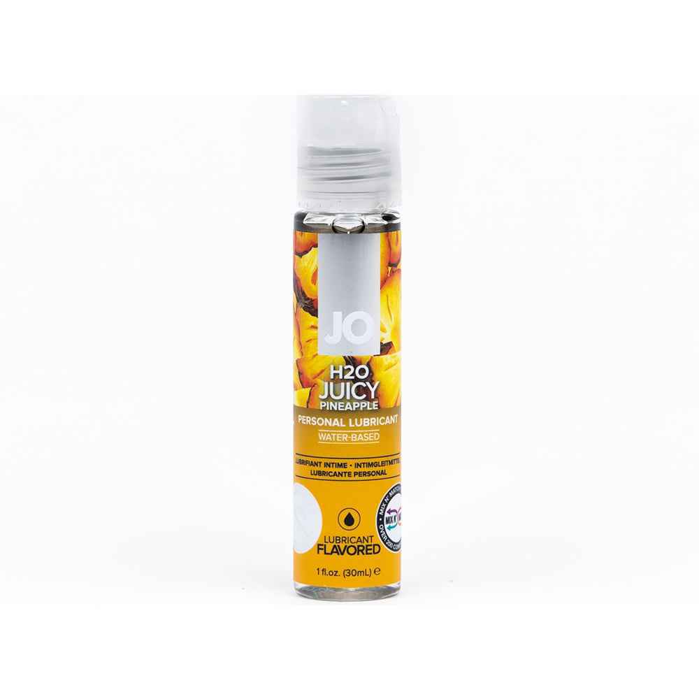 JO H2O Juicy Pineapple Flavored Water-Based Lubricant 1 oz. Front view of 1 oz JO H2O Juicy Pineapple bottle with silver cap and yellow label