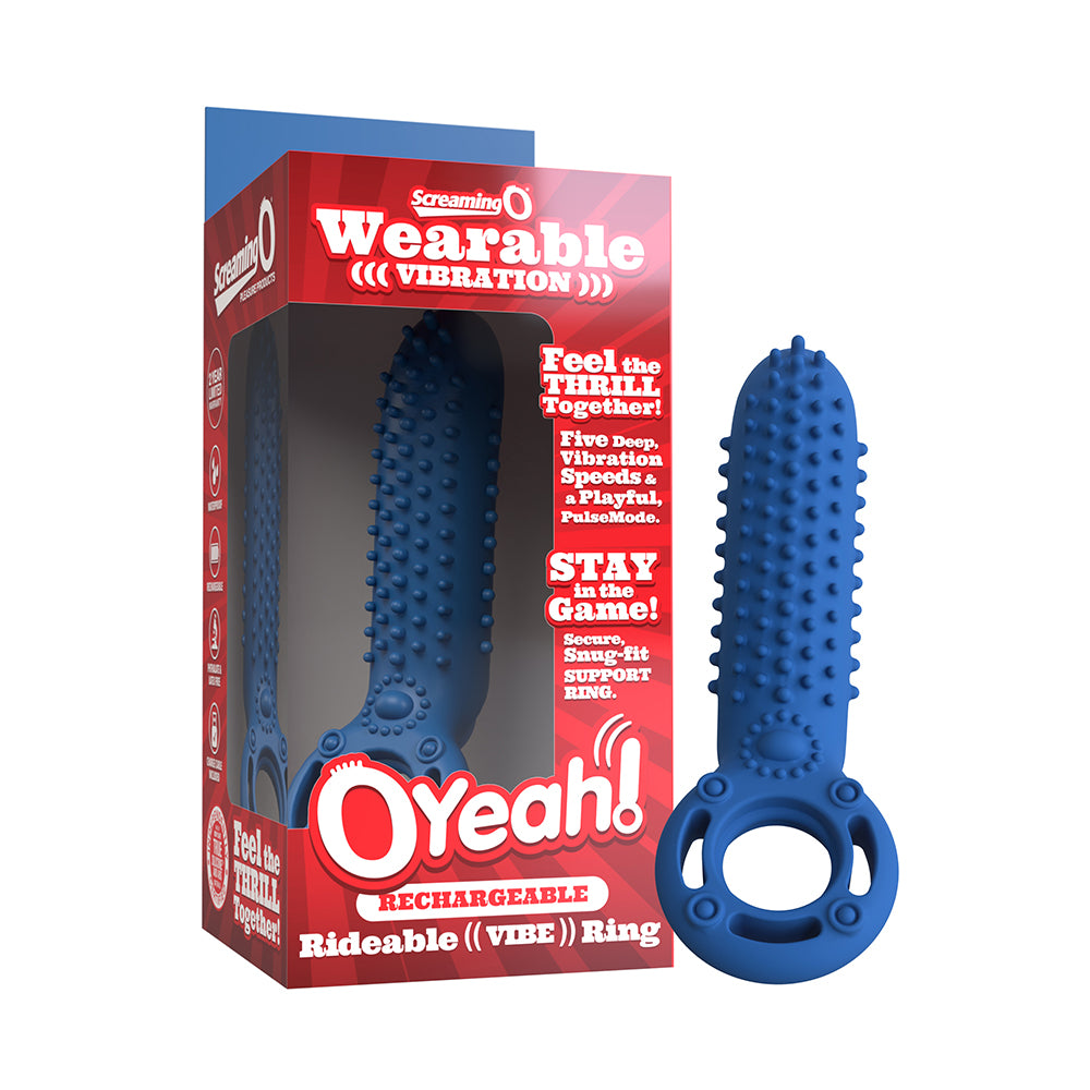 Screaming O Rechargeable O Yeah Silicone Blue Blue rechargeable OYeah ring beside red retail box