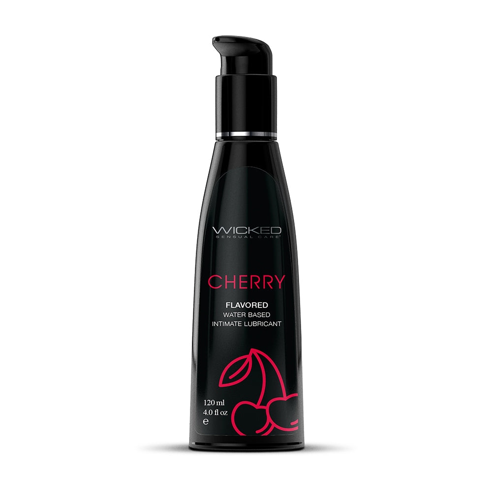 Wicked Aqua Cherry Water-Based Lubricant 4 oz. Wicked Aqua Cherry 4 oz lubricant front of curved black bottle with pink lettering, twin cherry graphic and pump dispenser