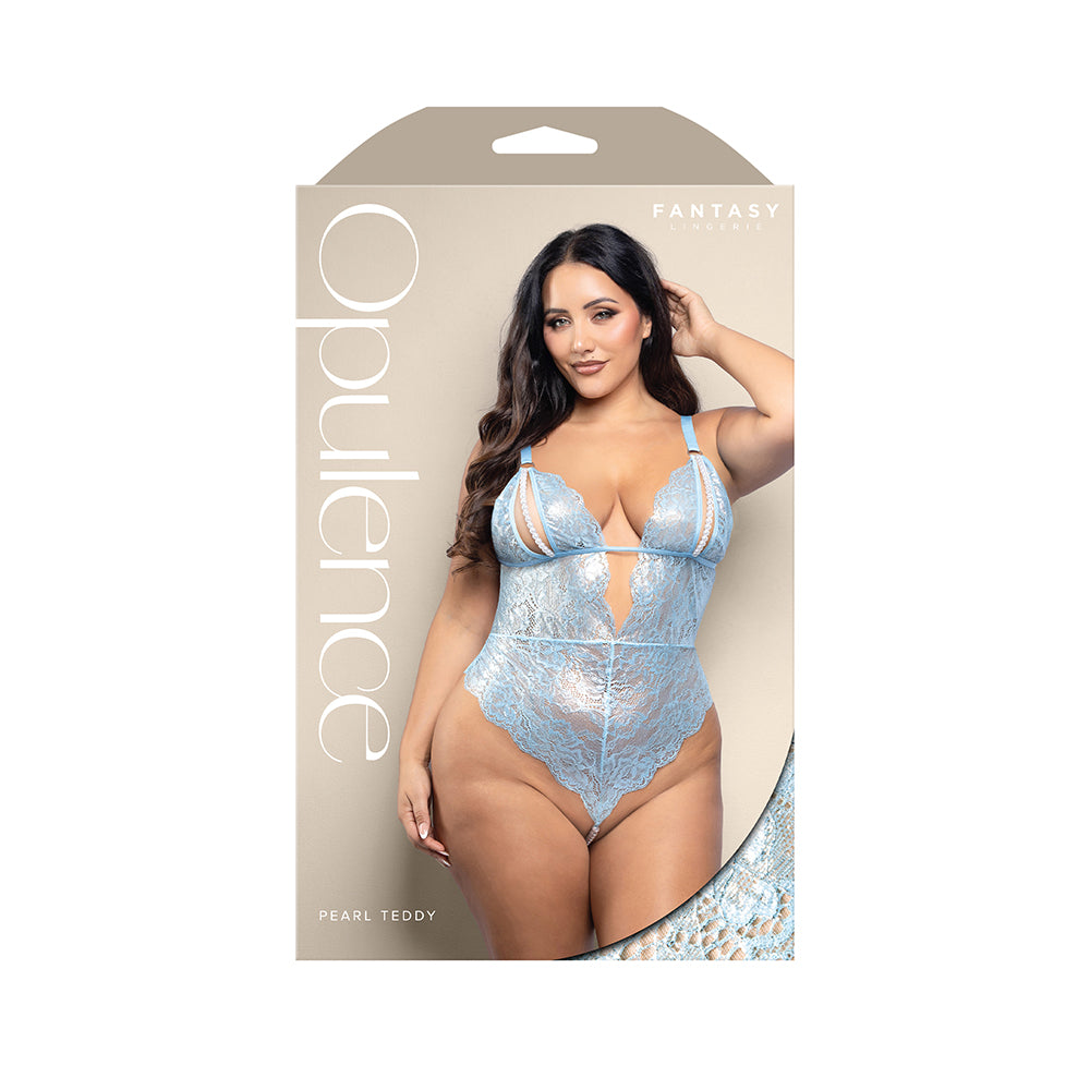 Fantasy Lingerie Opulence Split Pearl Cup Open-Back Teddy with Pearl String Crotch Light Blue Queen Size Opulence light blue split-cup teddy Queen retail box