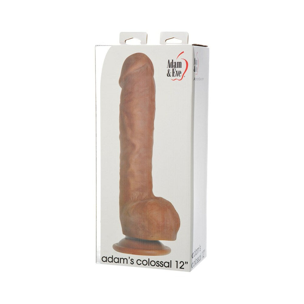 Adam & Eve Adam''s Colossal 12 in. Dildo Brown Adam & Eve Colossal 12-inch brown dildo upright inside white retail box